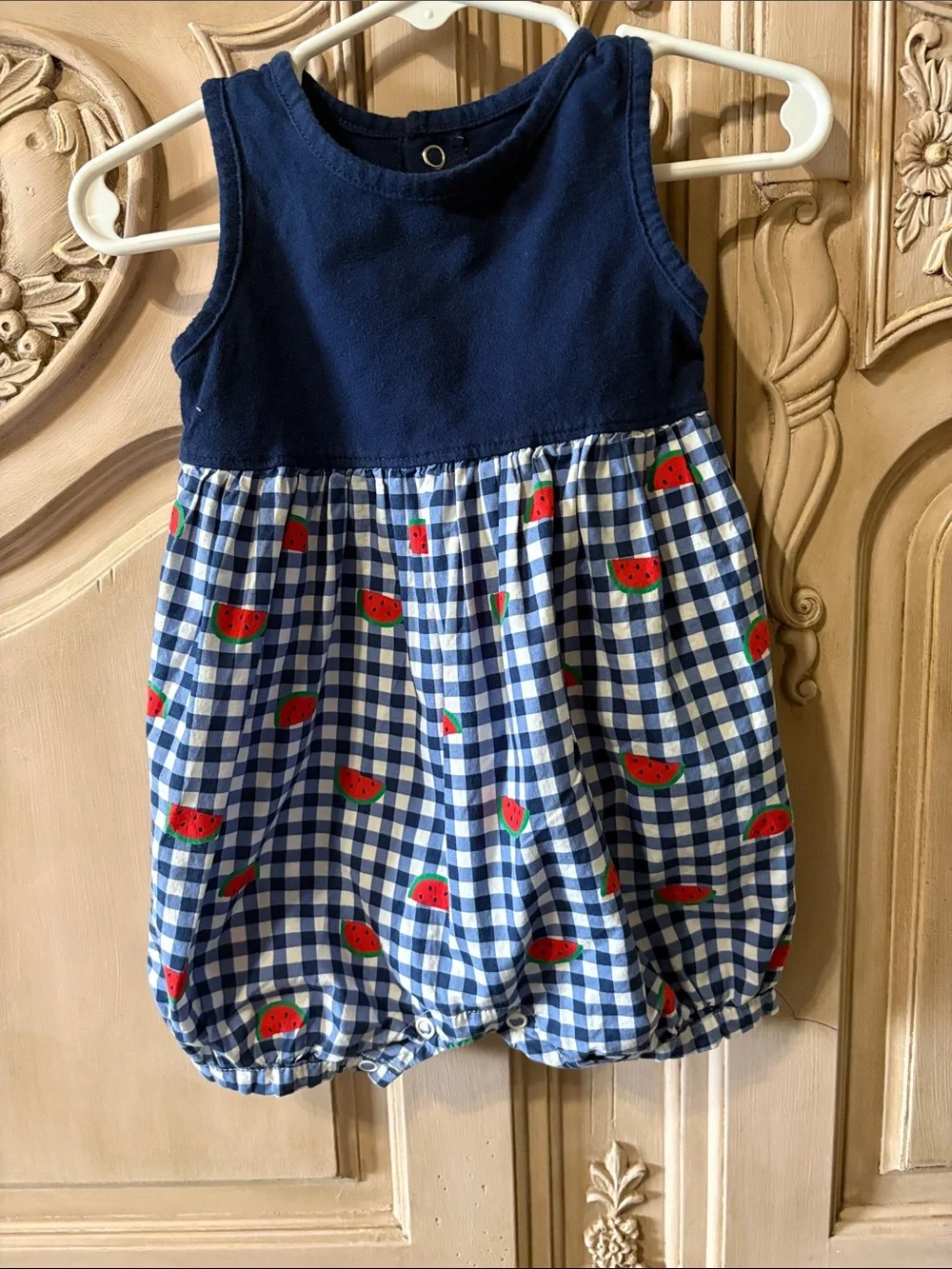 Navy & Blue Baby Rompers - Watermelon Gingham and Chambray Dot